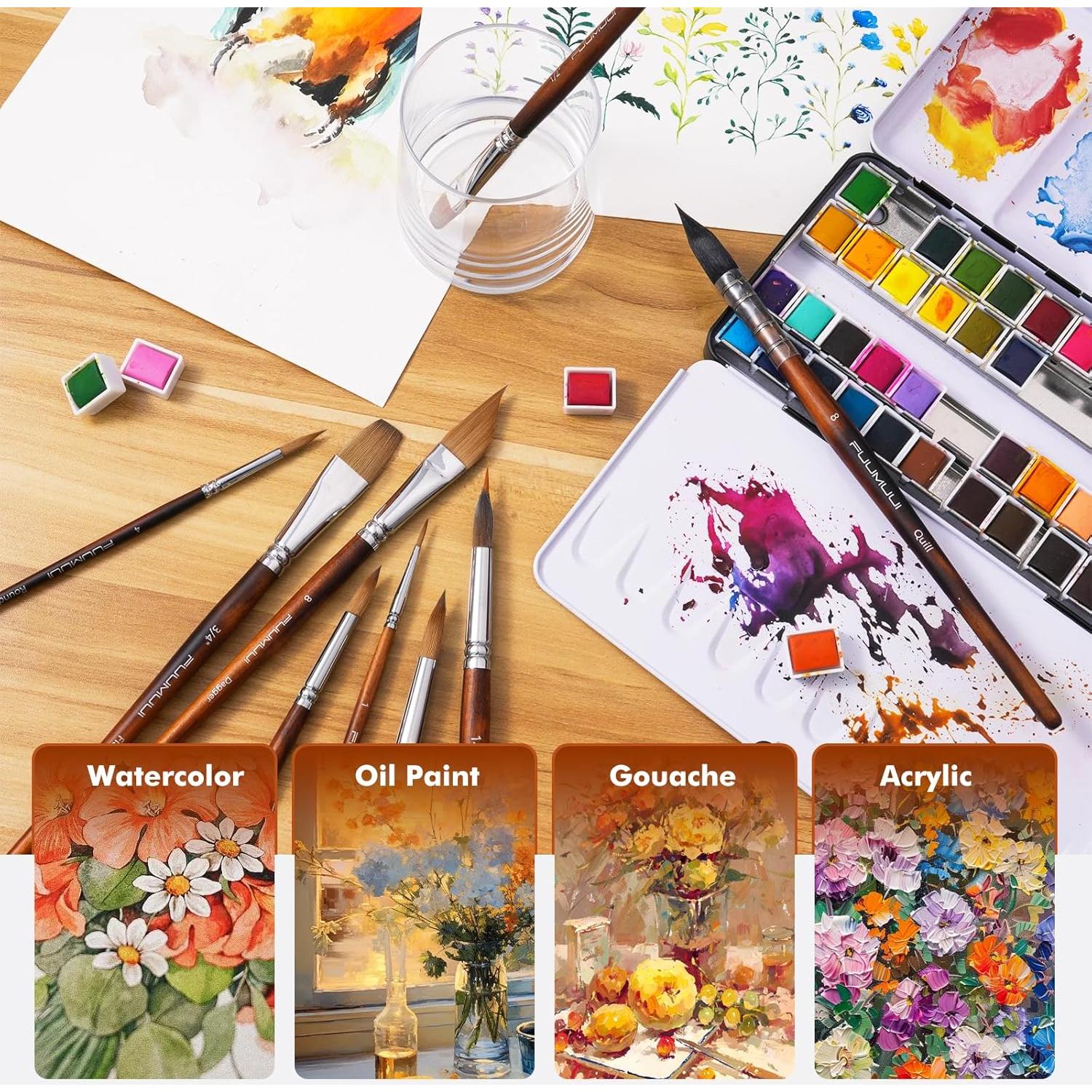 Juego de Pinceles de Acuarela Fuumuui 9 Piezas con Cerdas de Sable