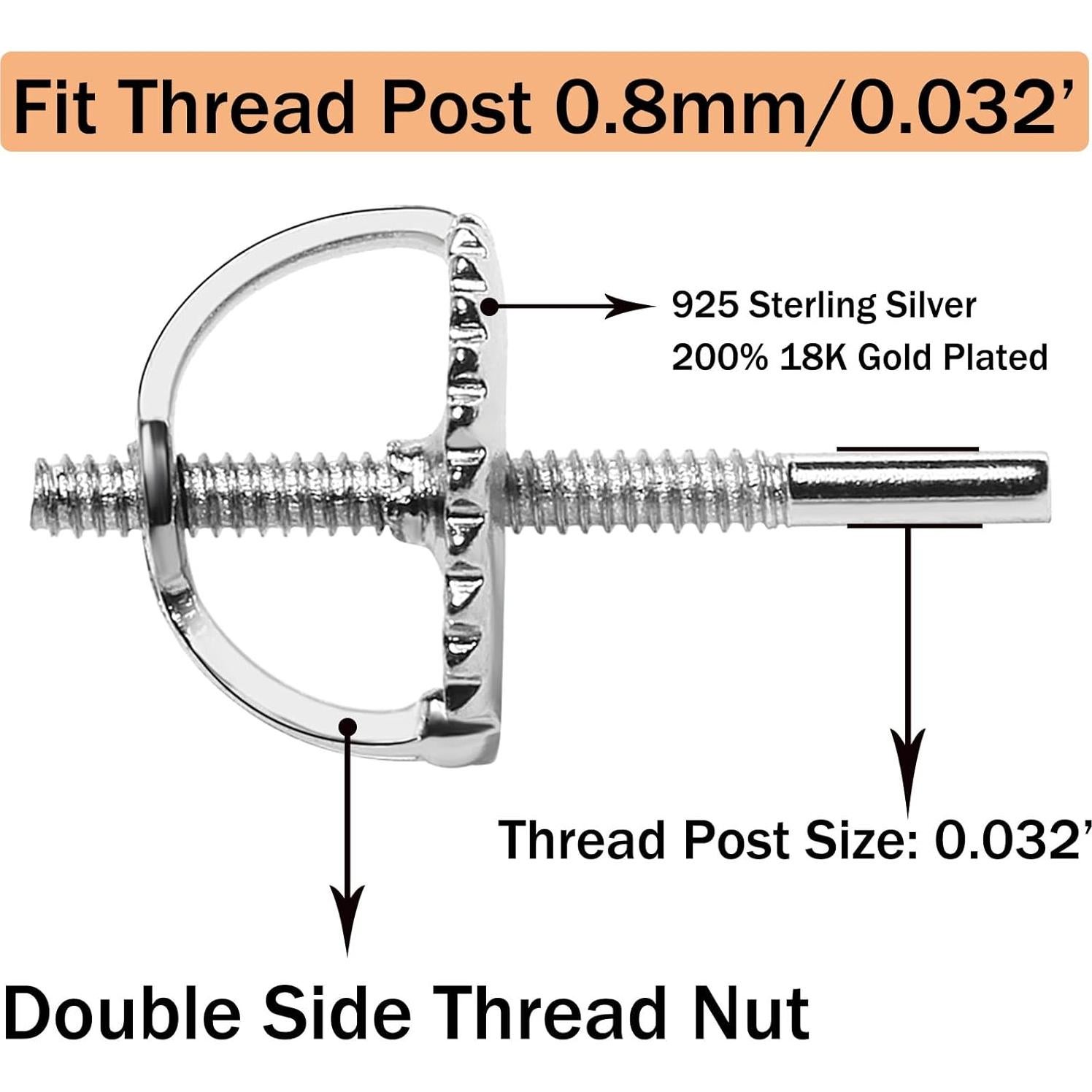 2 Pares de Respaldos de Tornillo DELECO Oro Blanco 18K 0.8mm