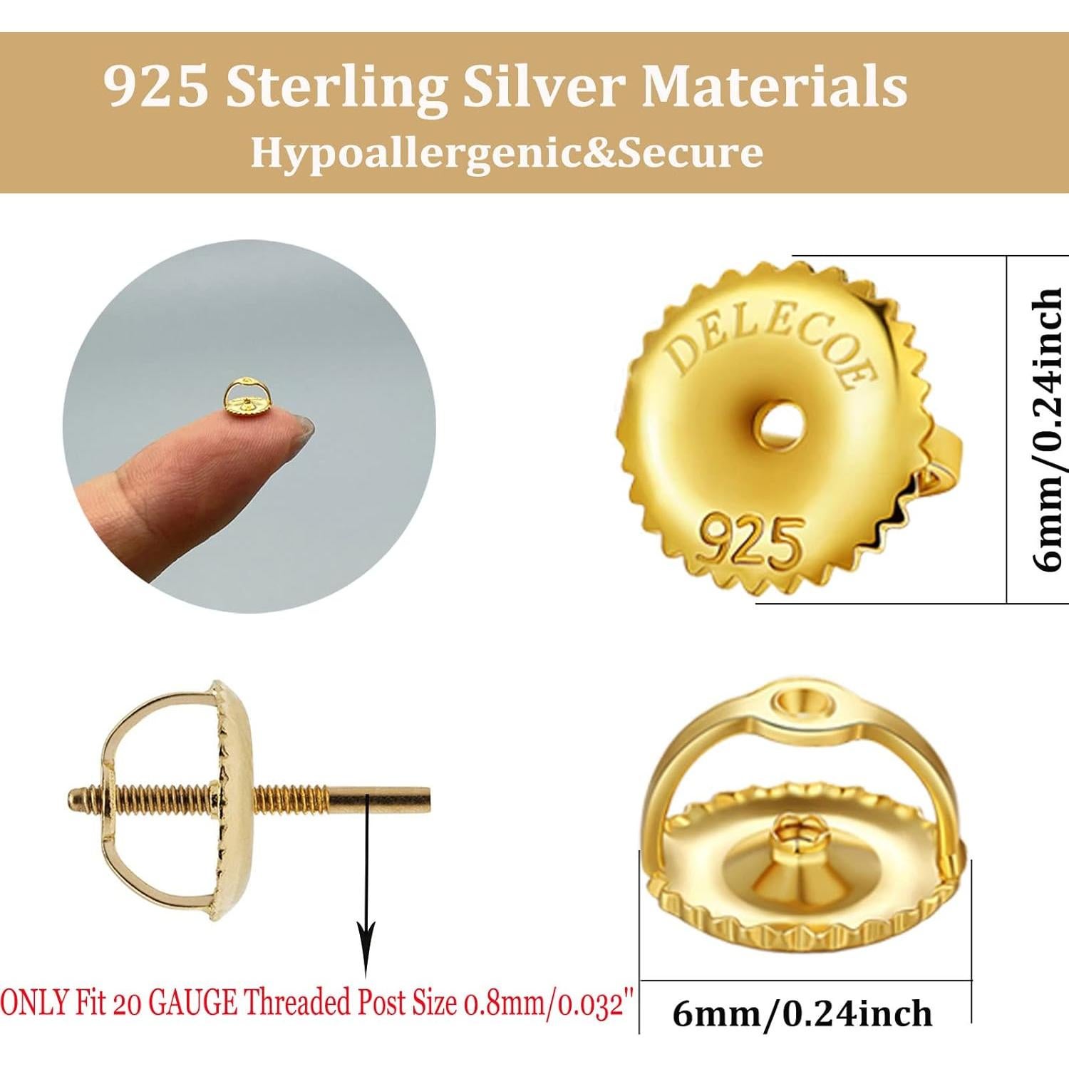 2 Pares de Respaldos de Tornillo DELECO Oro Blanco 18K 0.8mm