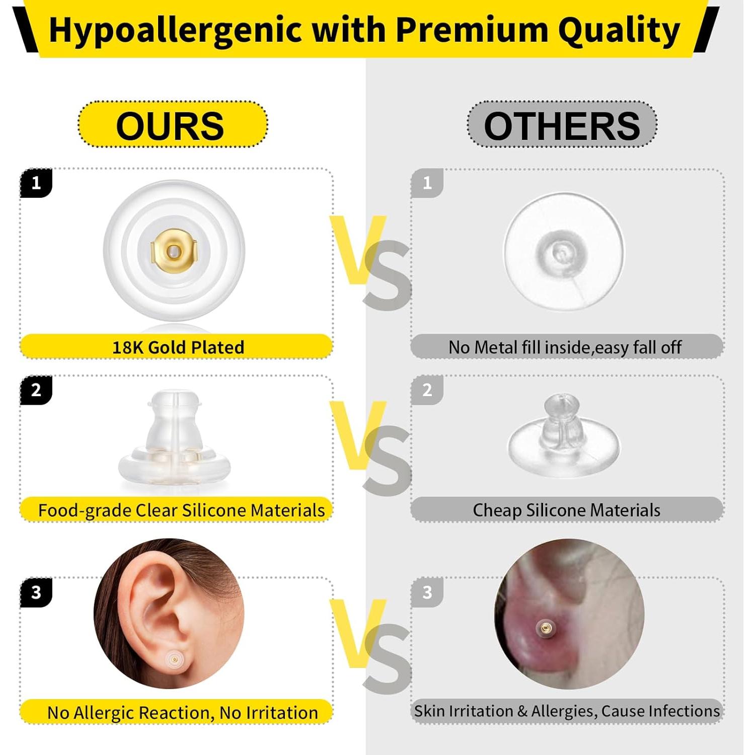 12 Piezas Respaldo de Aretes Silicona Oro 18K Hipoalergénico