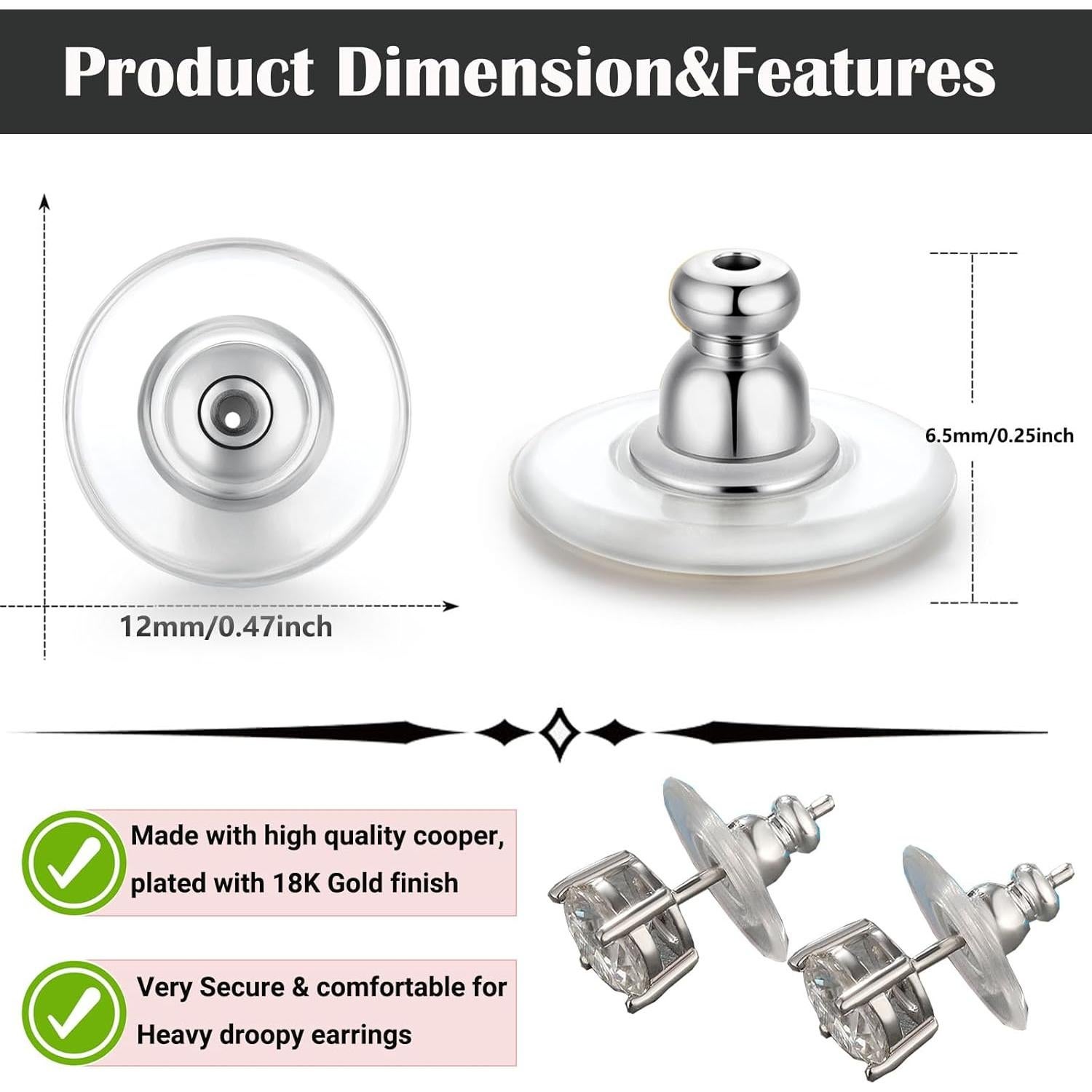 6 Piezas Respaldo de Aretes Grandes Formulen 12mm Hipoalergénico