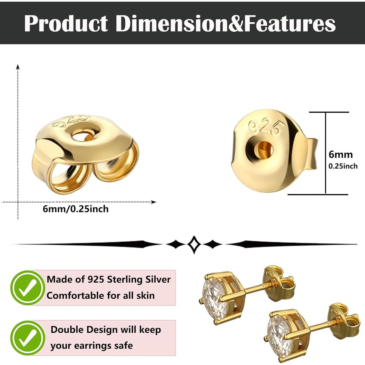 Respaldo Hipoalergénico para Aretes de Plata Baño Oro 14K - 12 Pcs