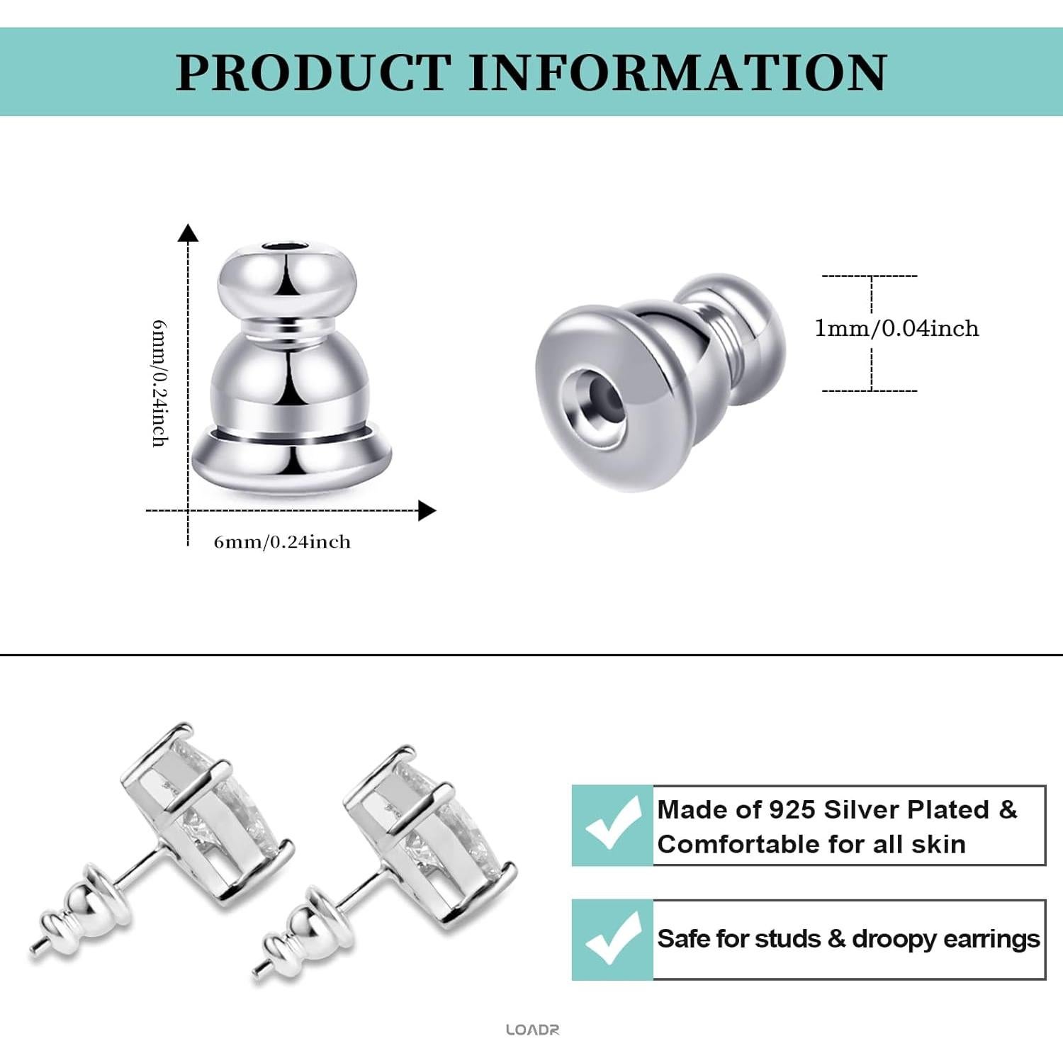Cierres de Aretes de Seguridad LOADR Plata 925 Hipoalergénicos (6 Pares)
