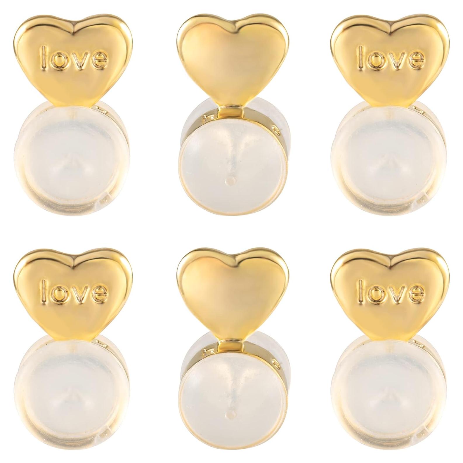 6PCS Heart Silicone Earring Lifter, 14K Gold Plated Love Earring Backs for Studs/Droopy Ears, Hypoallergenic Secure Earring Backs Replacements for Heavy Earrings