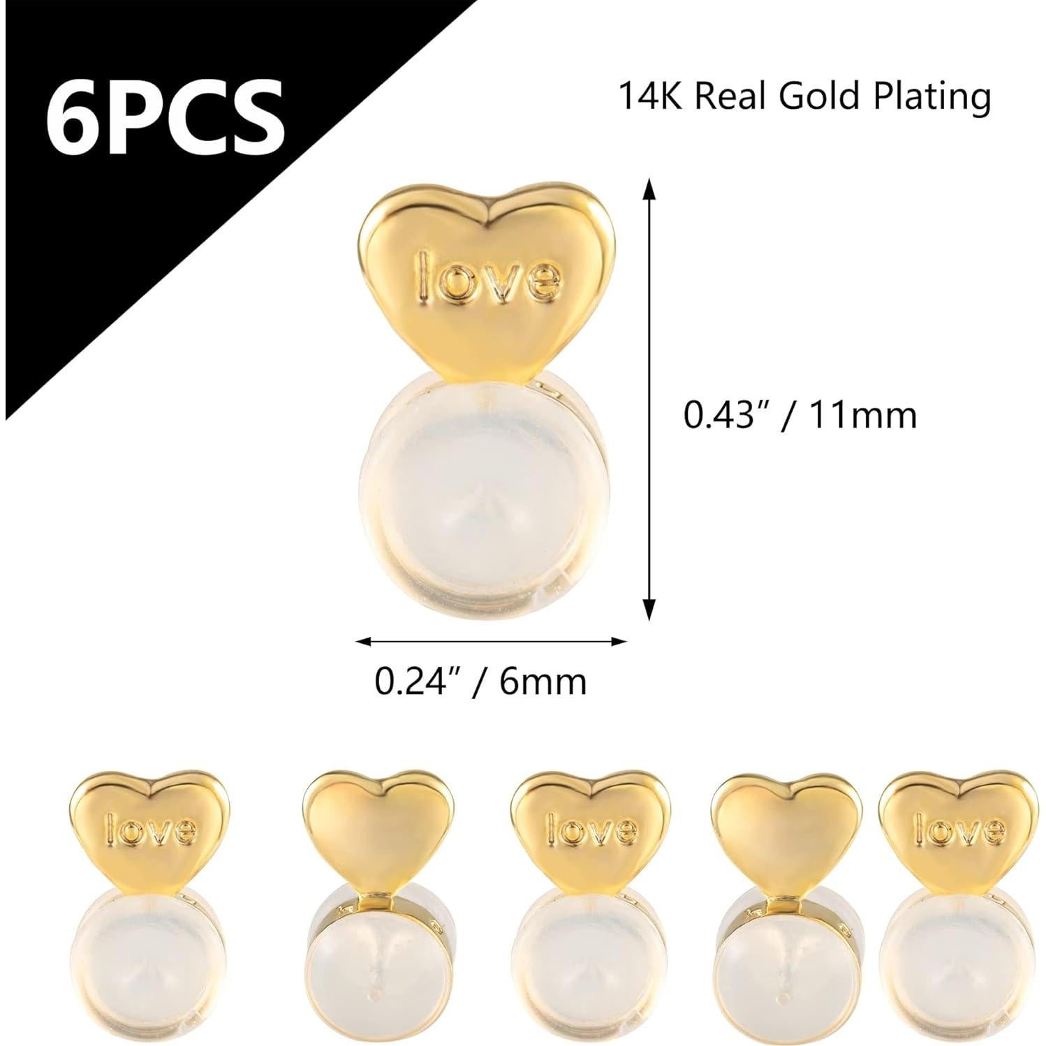 6PCS Heart Silicone Earring Lifter, 14K Gold Plated Love Earring Backs for Studs/Droopy Ears, Hypoallergenic Secure Earring Backs Replacements for Heavy Earrings