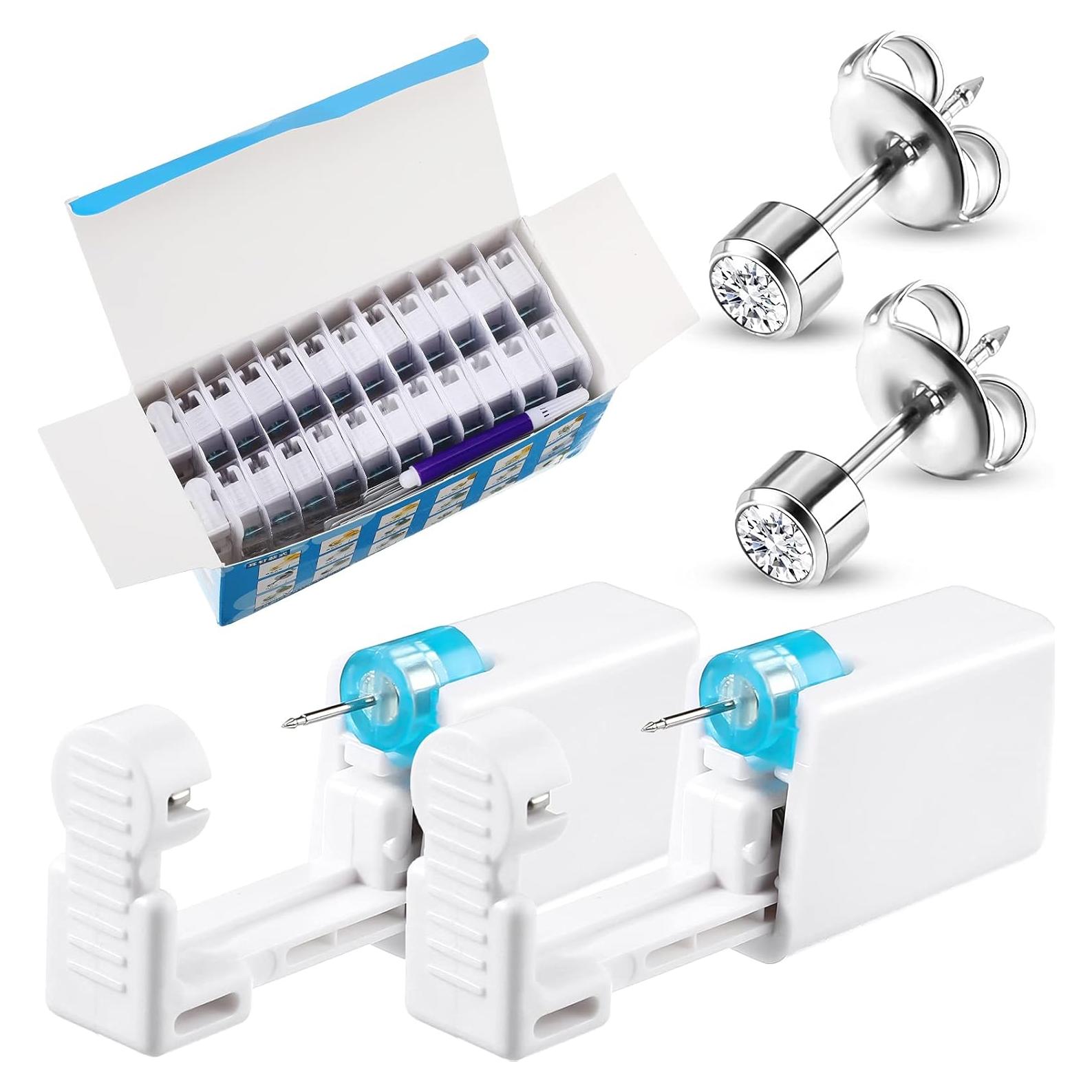 Kit de Perforación de Oídos 24 Piezas con Pendientes Plateados