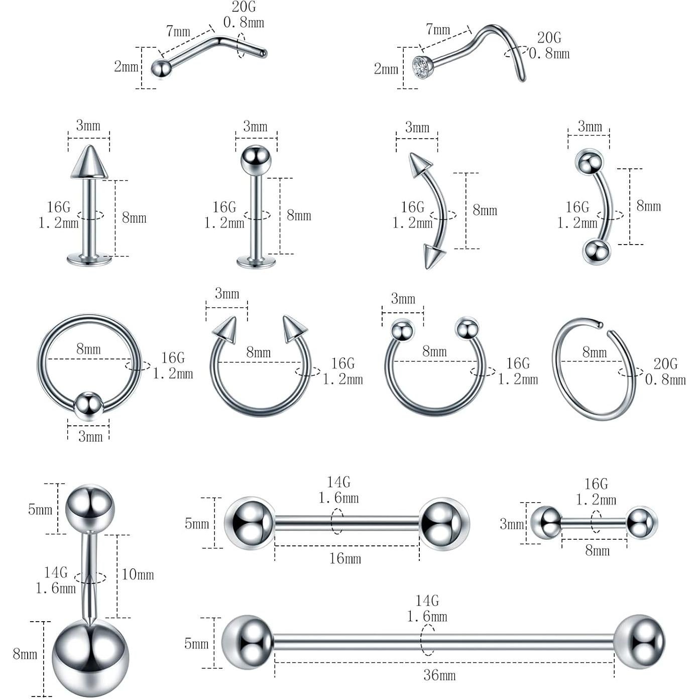 Kit de Piercing Corporal 120PCS Acero Quirúrgico 14G 16G 20G