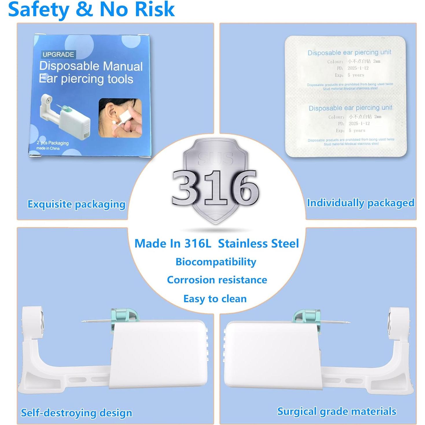 Kit de Perforación de Orejas YINPAD 2 pcs con Aretes Dorados 3 mm