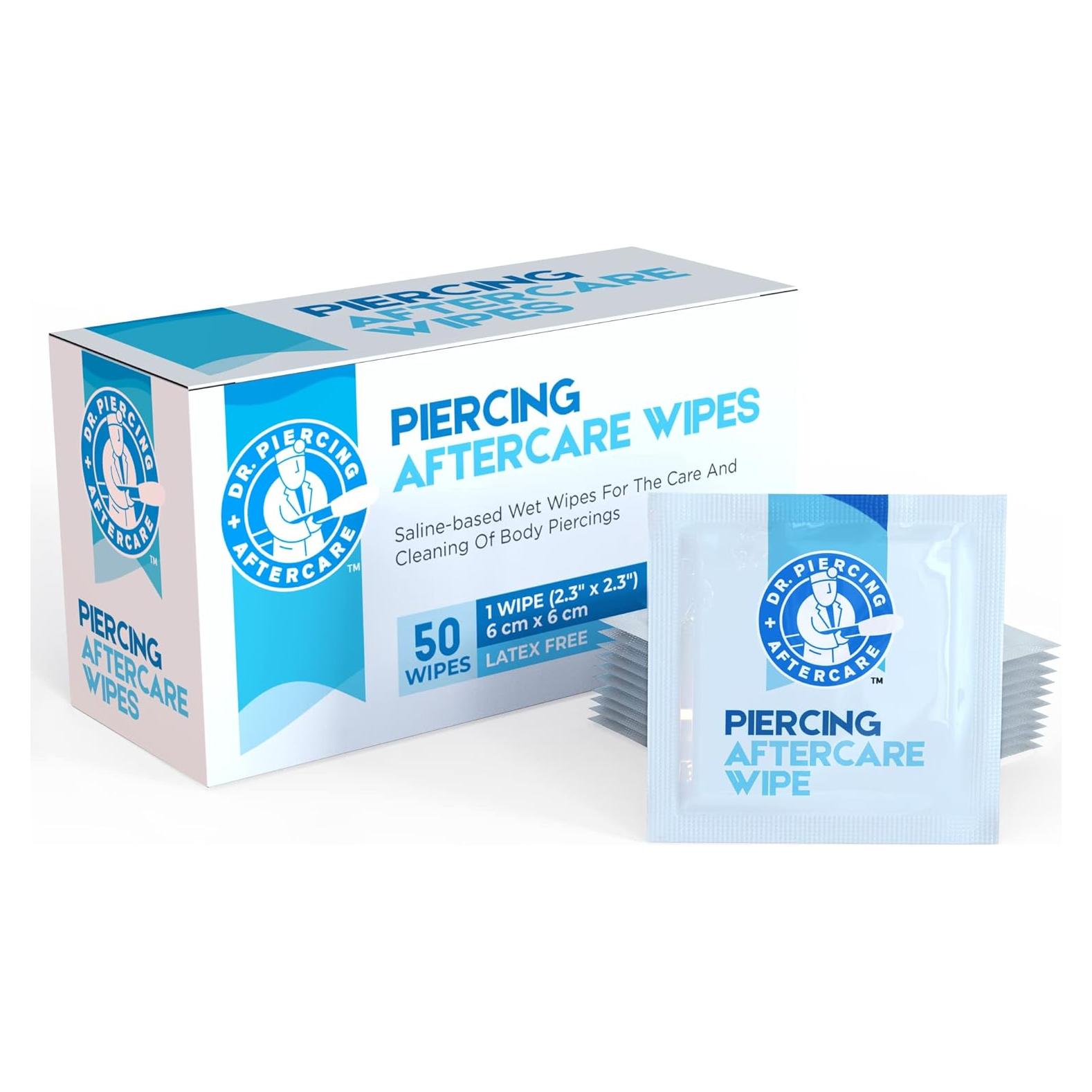 Dr. Piercing Aftercare Wipes – Piercing Aftercare | Saline Solution for Piercings - Keloid Bump Ear Piercing Cleaner – Ears Lips Belly Nose Piercing Bump - Piercing Hole Cleaner (50 Count)