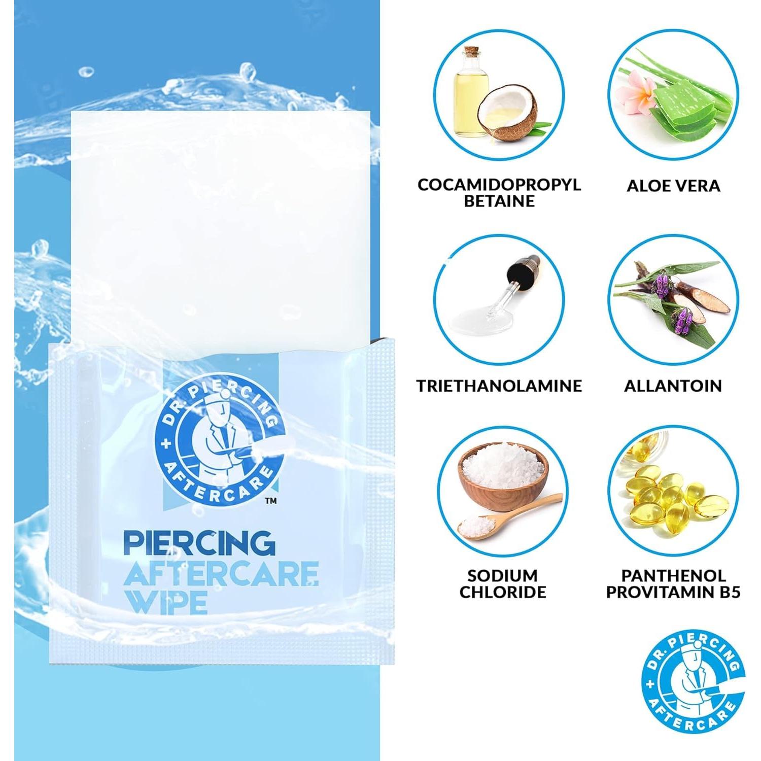 Dr. Piercing Aftercare Wipes – Piercing Aftercare | Saline Solution for Piercings - Keloid Bump Ear Piercing Cleaner – Ears Lips Belly Nose Piercing Bump - Piercing Hole Cleaner (50 Count)