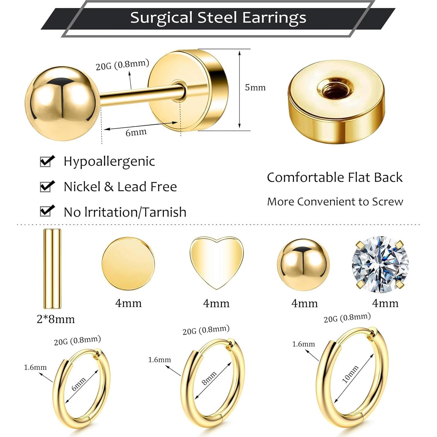 Set de Pendientes Hipoalergénicos Acero Quirúrgico 8 Pares