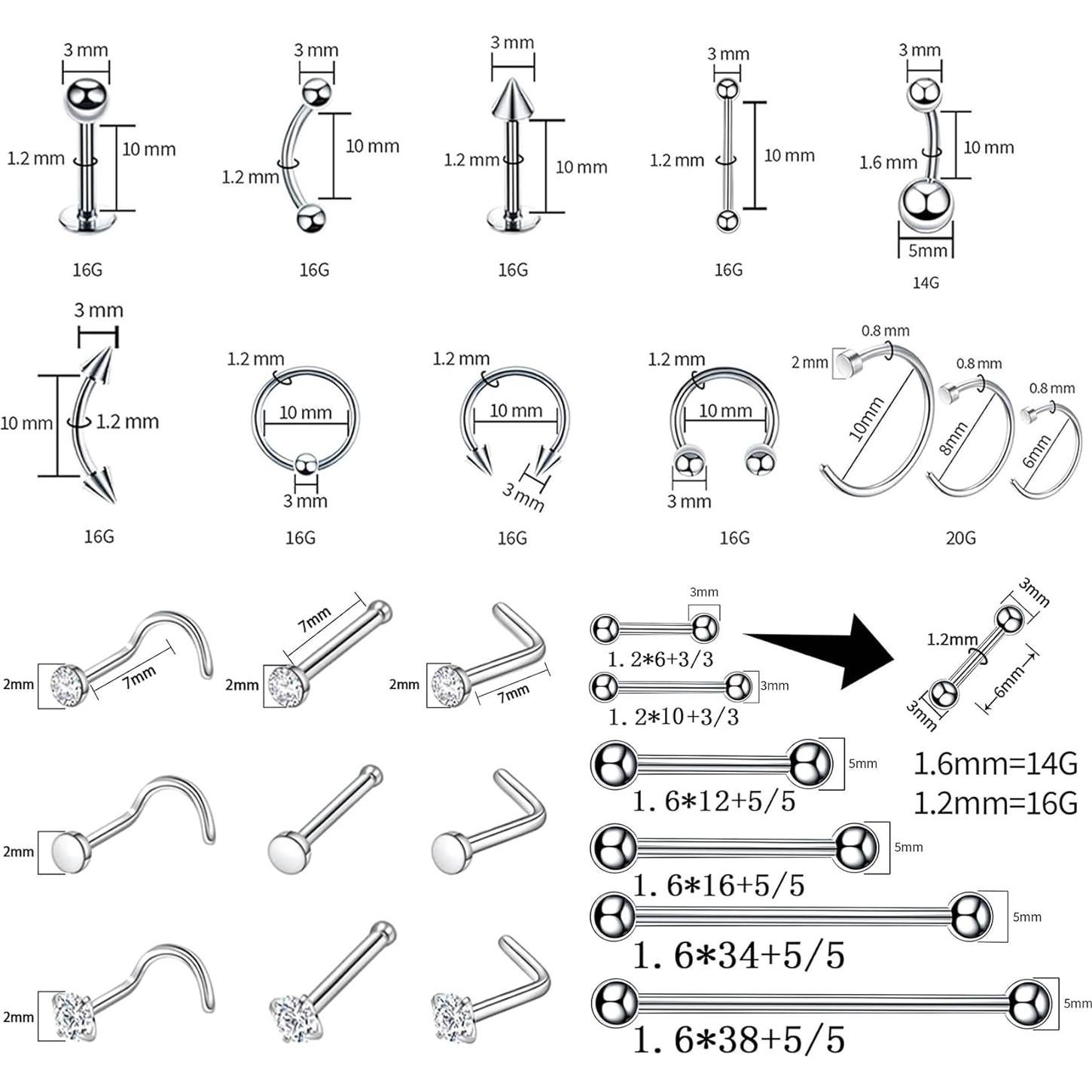 Kit de Perforación Corporal 80PCS Tustrion - Acero Inoxidable