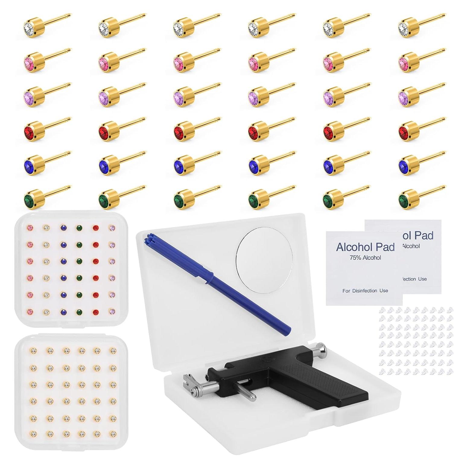Kit de Pistola de Perforación de Orejas Oro MRFuYtng - 72 Pernos