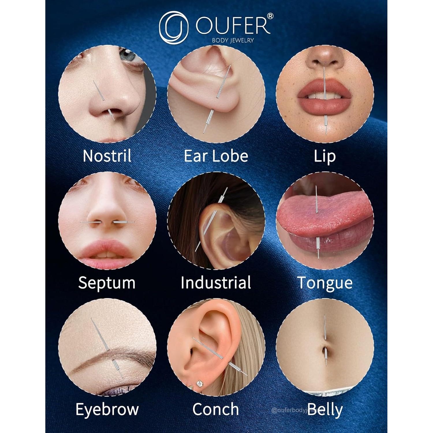 OUFER Kit de Piercing Corporal con Agarrador y Agujas 16G 18G