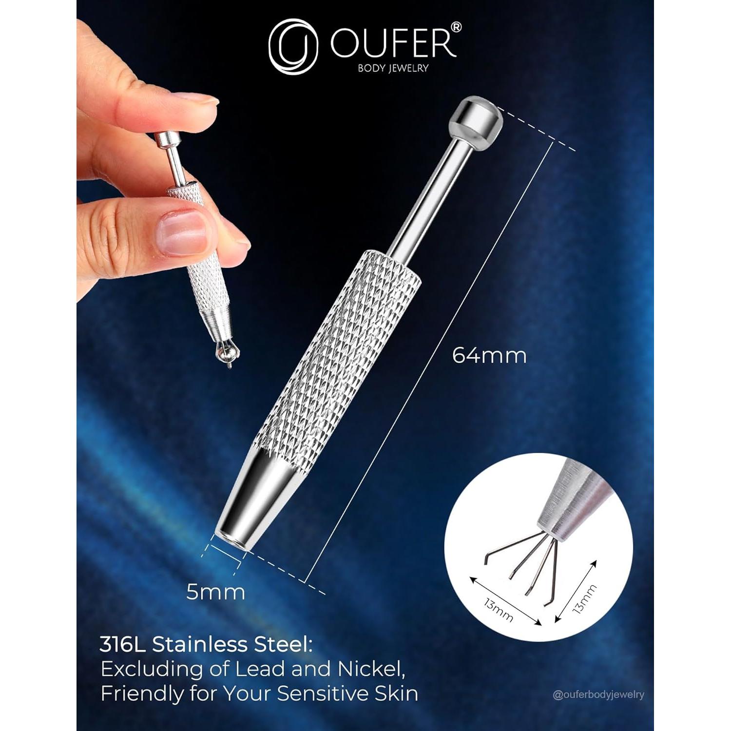 OUFER Kit de Piercing Corporal con Agarrador y Agujas 16G 18G