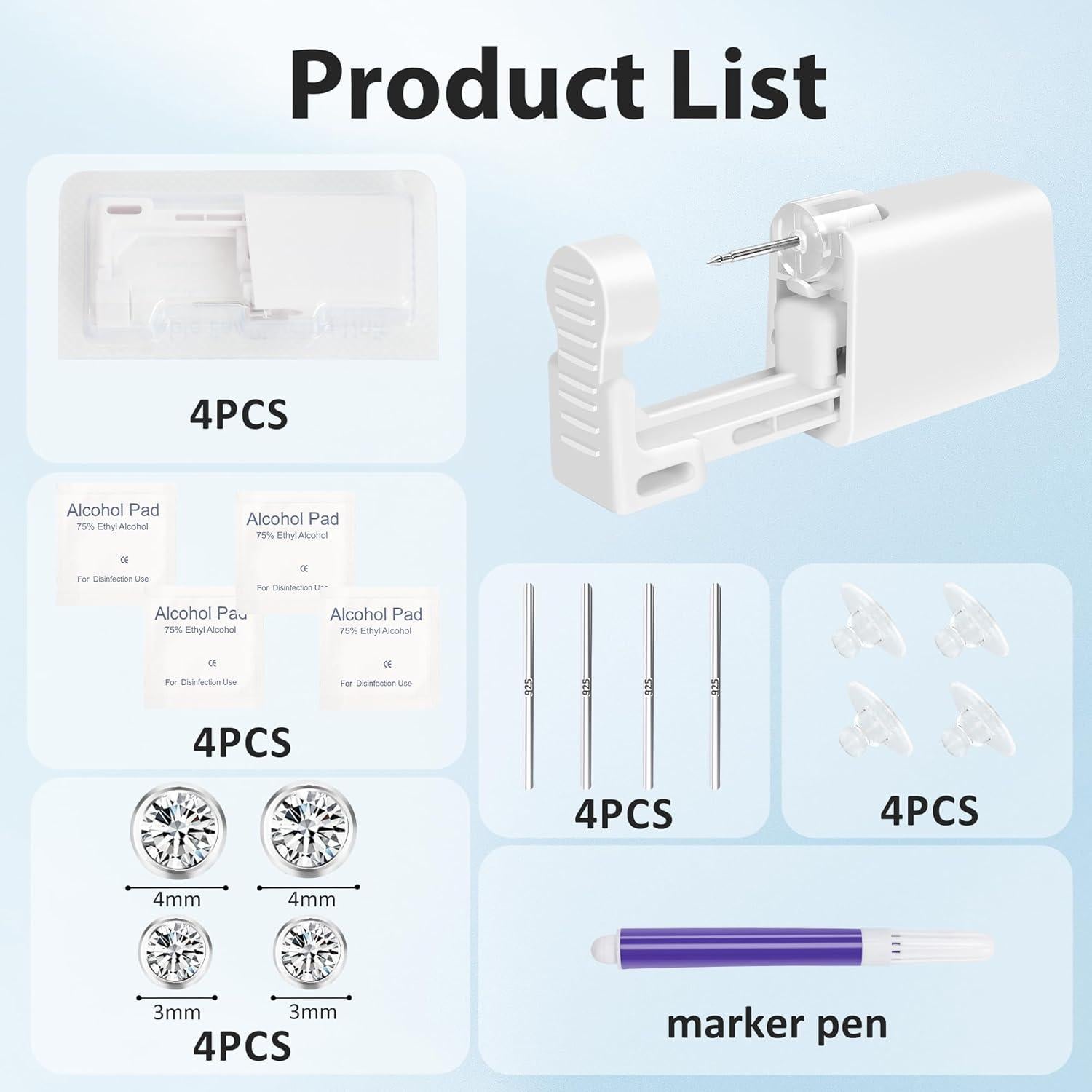 Kit de Perforación de Orejas Desechable Hipoalergénico 3mm 4mm