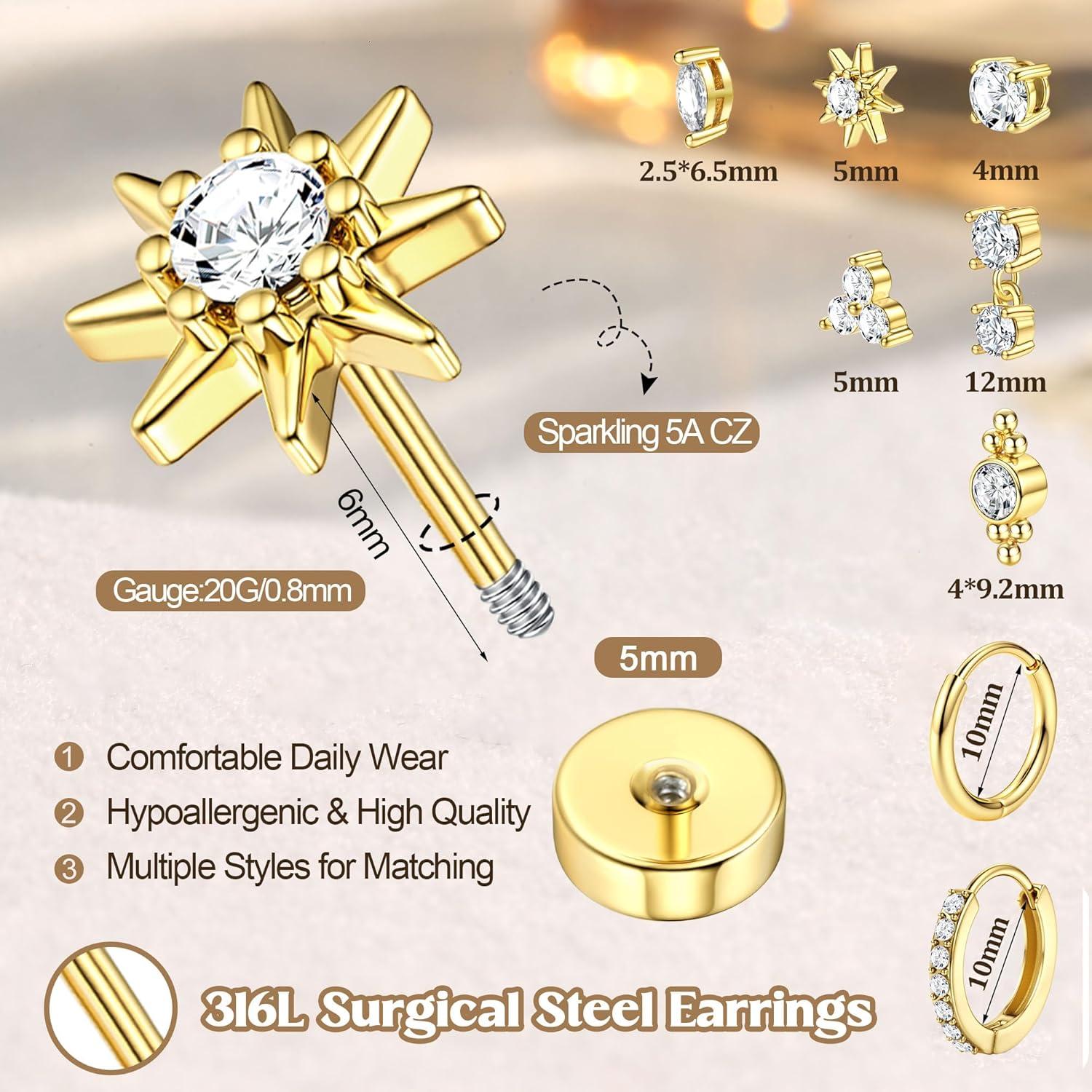MILACOLATO 20G Hypoallergenic Flat Back Earrings Cartilage Earring Sets for Multiple Piercing Surgical Stainless Steel Earrings for Women Trendy Earring Stacks Small Huggie Hoops Flatback Stud Earrings Set