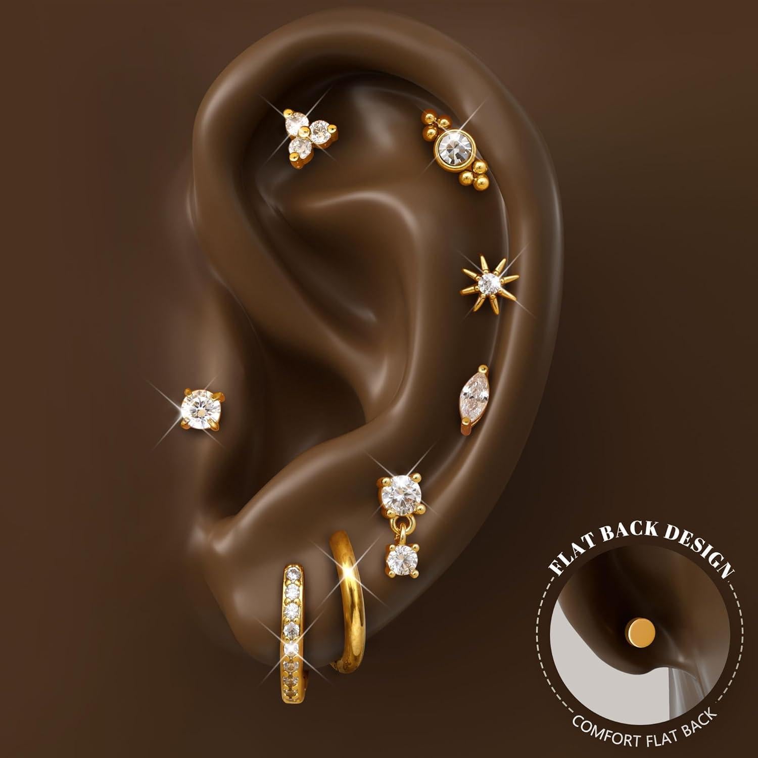 MILACOLATO 20G Hypoallergenic Flat Back Earrings Cartilage Earring Sets for Multiple Piercing Surgical Stainless Steel Earrings for Women Trendy Earring Stacks Small Huggie Hoops Flatback Stud Earrings Set