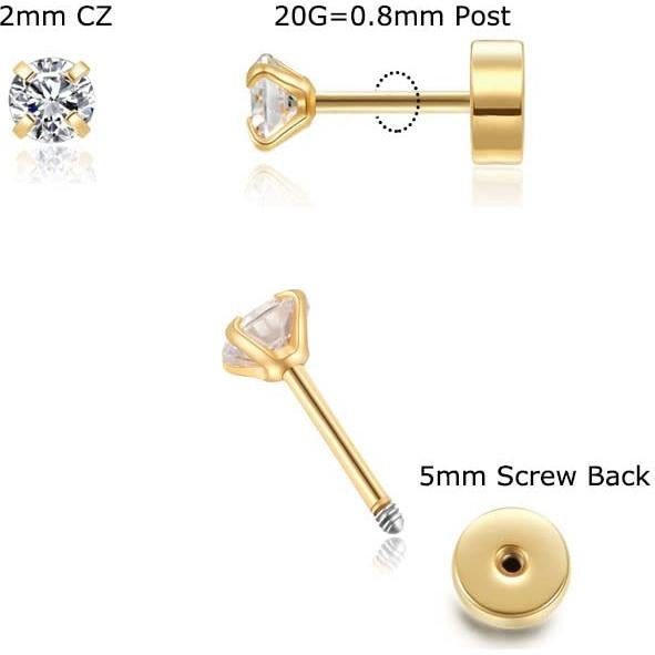 Pendientes de Stud CZ 2mm Oro 14K para Cartílago y Tragus