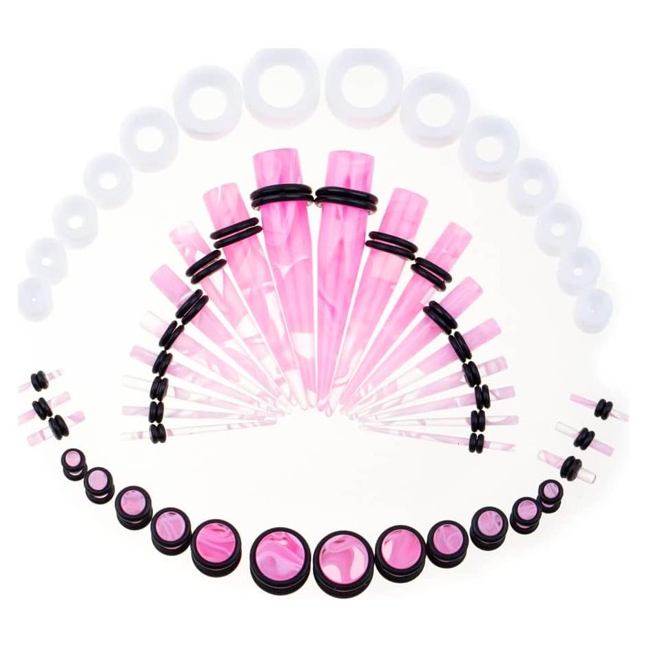 Kit de Estiramiento de Orejas 50 Piezas Acrílico Rosa 14G-00G