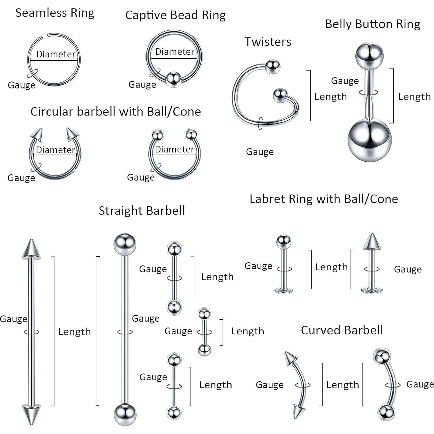 Kit de Joyería para Piercing Corporal 150PCS Acero Inoxidable