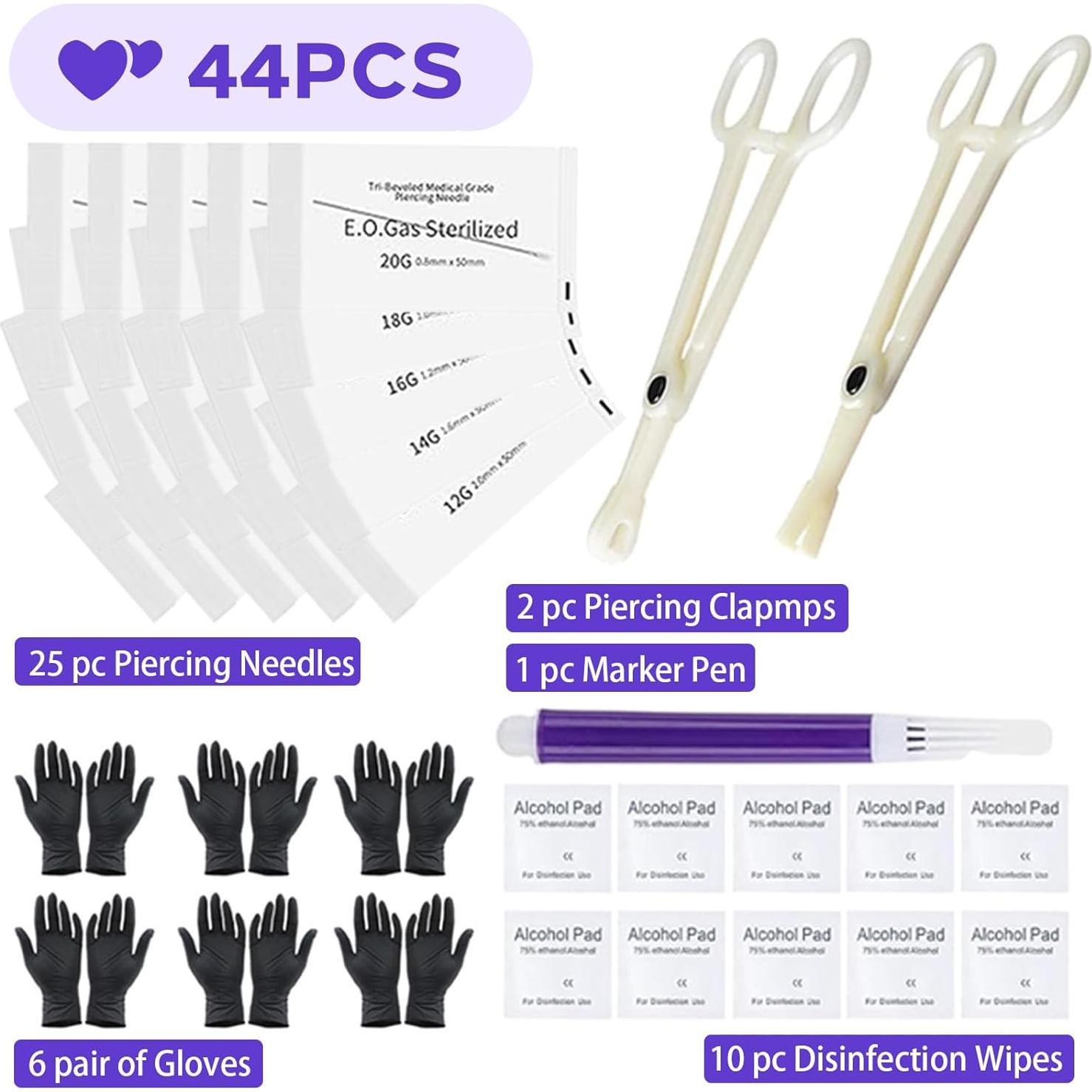 Kit de Piercing 44pcs Usiriy con Agujas 12G a 20G y Herramientas