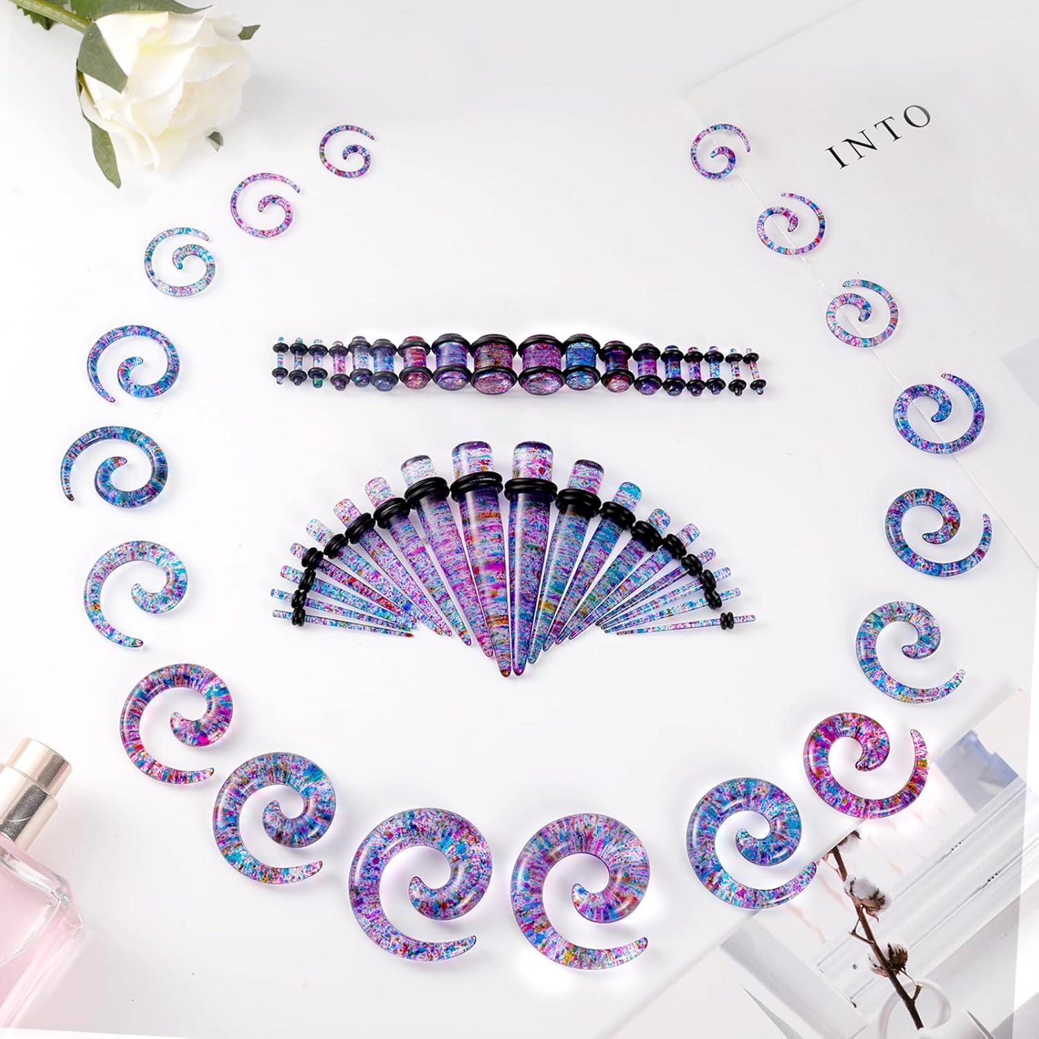 Kit de Estiramiento de Orejas 54 Piezas Acrílico 00G-14G Rosa y Púrpura