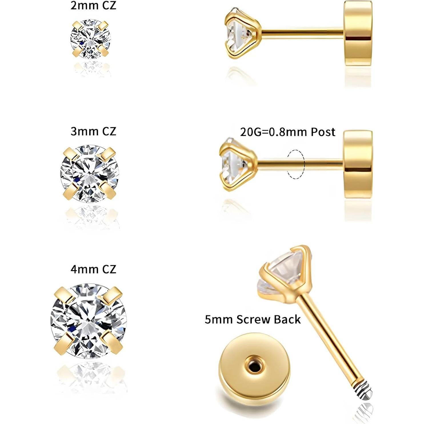 Pendientes de Stud Pequeños 14K Oro Baño 2-3-4mm Circonita