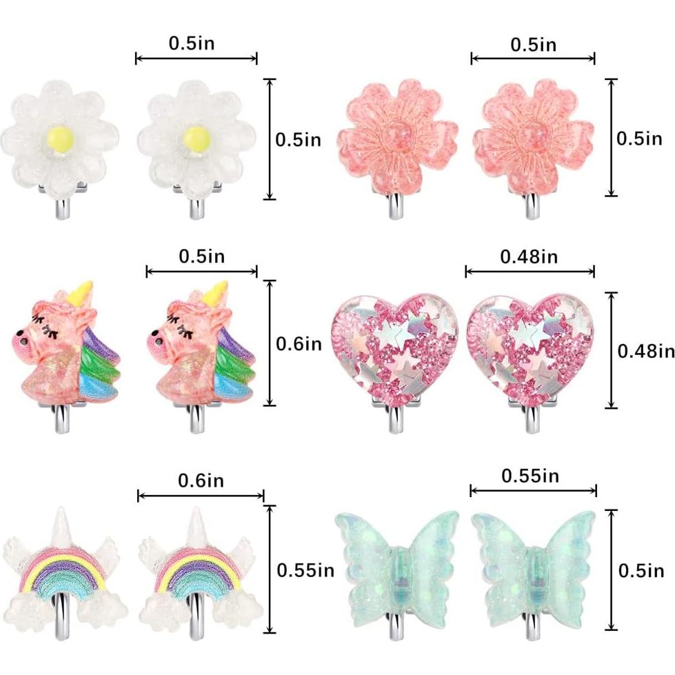 6 Pares Pendientes de Clip Huitong para Niñas - Unicornio y Mariposa