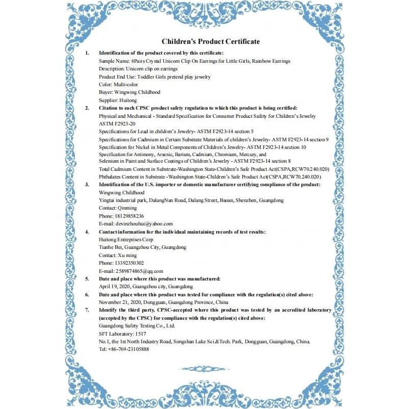 6 Pares Pendientes de Clip Huitong para Niñas - Unicornio y Mariposa