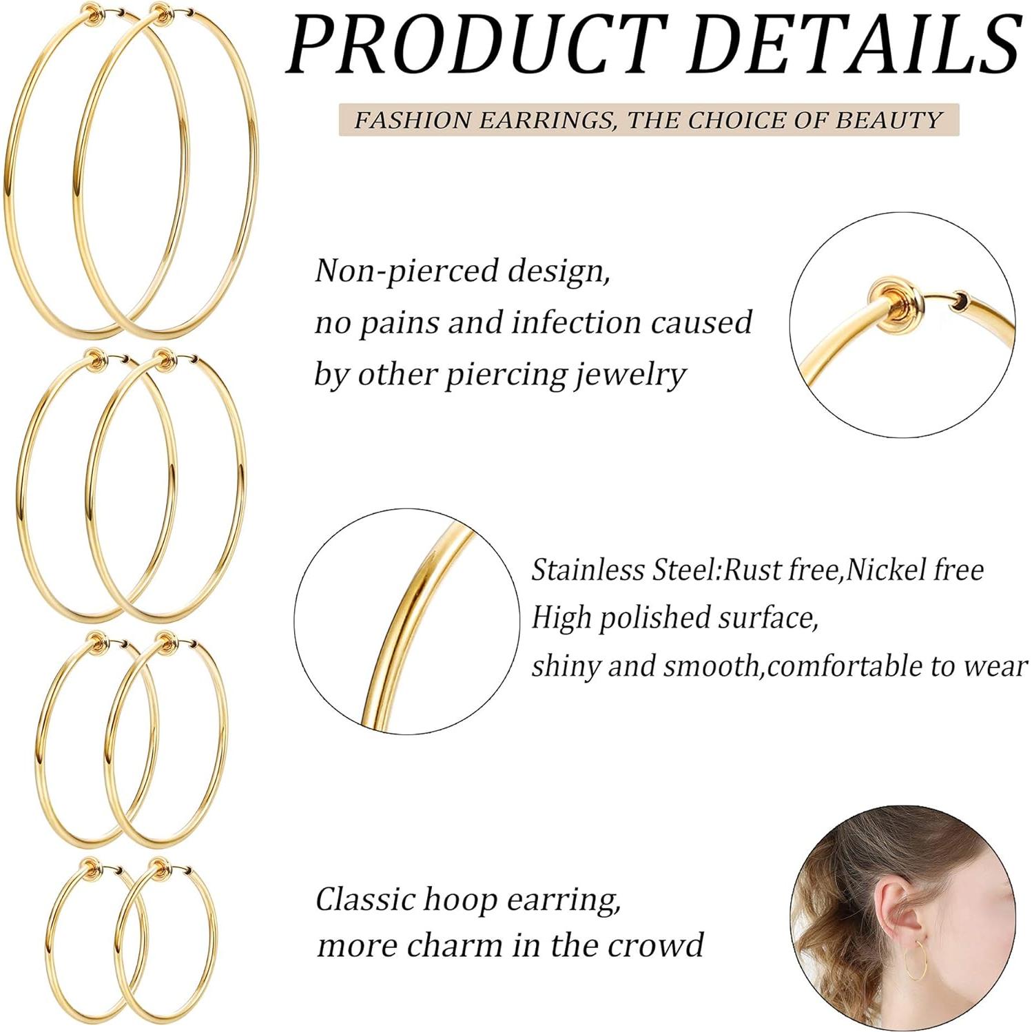 Pendientes de Aro Clip On Magitaco - 8 Pares Acero Inoxidable