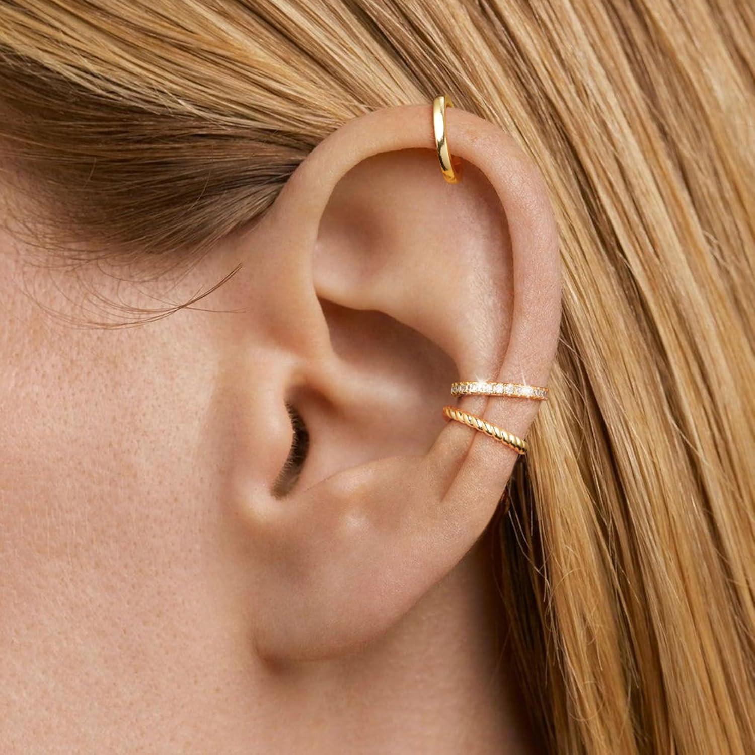 Aretes Cuffs No Perforados Moodear Oro 14K 3 Piezas Hipoalergénicos