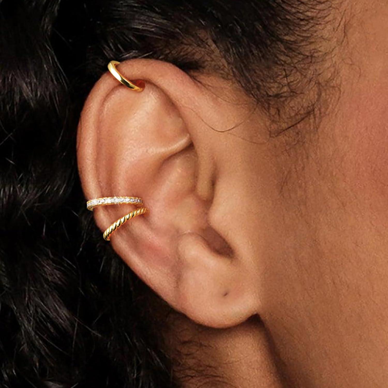 Aretes Cuffs No Perforados Moodear Oro 14K 3 Piezas Hipoalergénicos