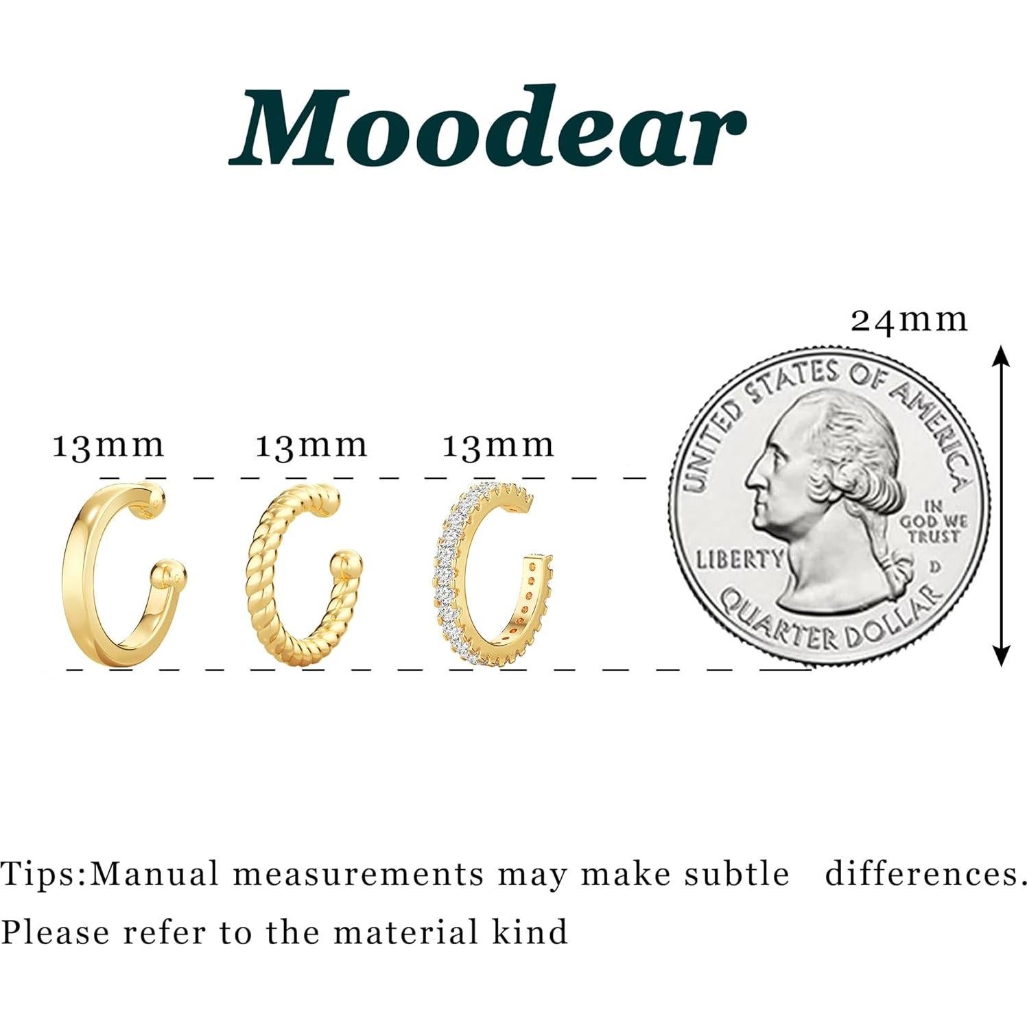 Aretes Cuffs No Perforados Moodear Oro 14K 3 Piezas Hipoalergénicos