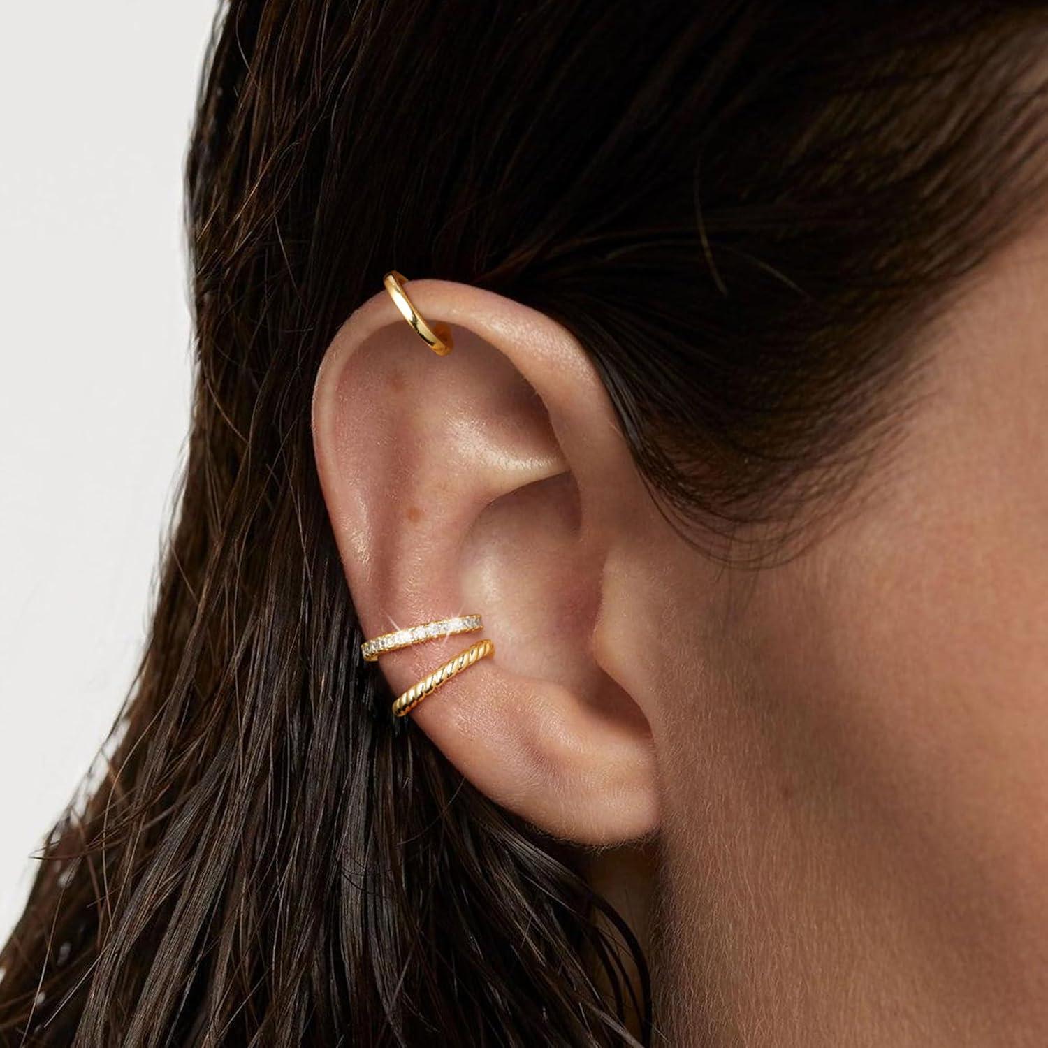 Aretes Cuffs No Perforados Moodear Oro 14K 3 Piezas Hipoalergénicos