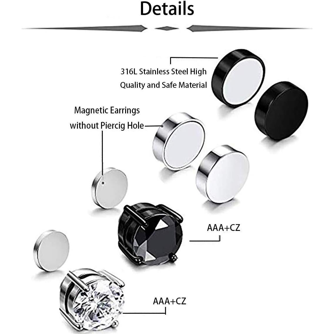 Pendientes Magnéticos HENGYID Acero Inoxidable 4 Pares 6mm