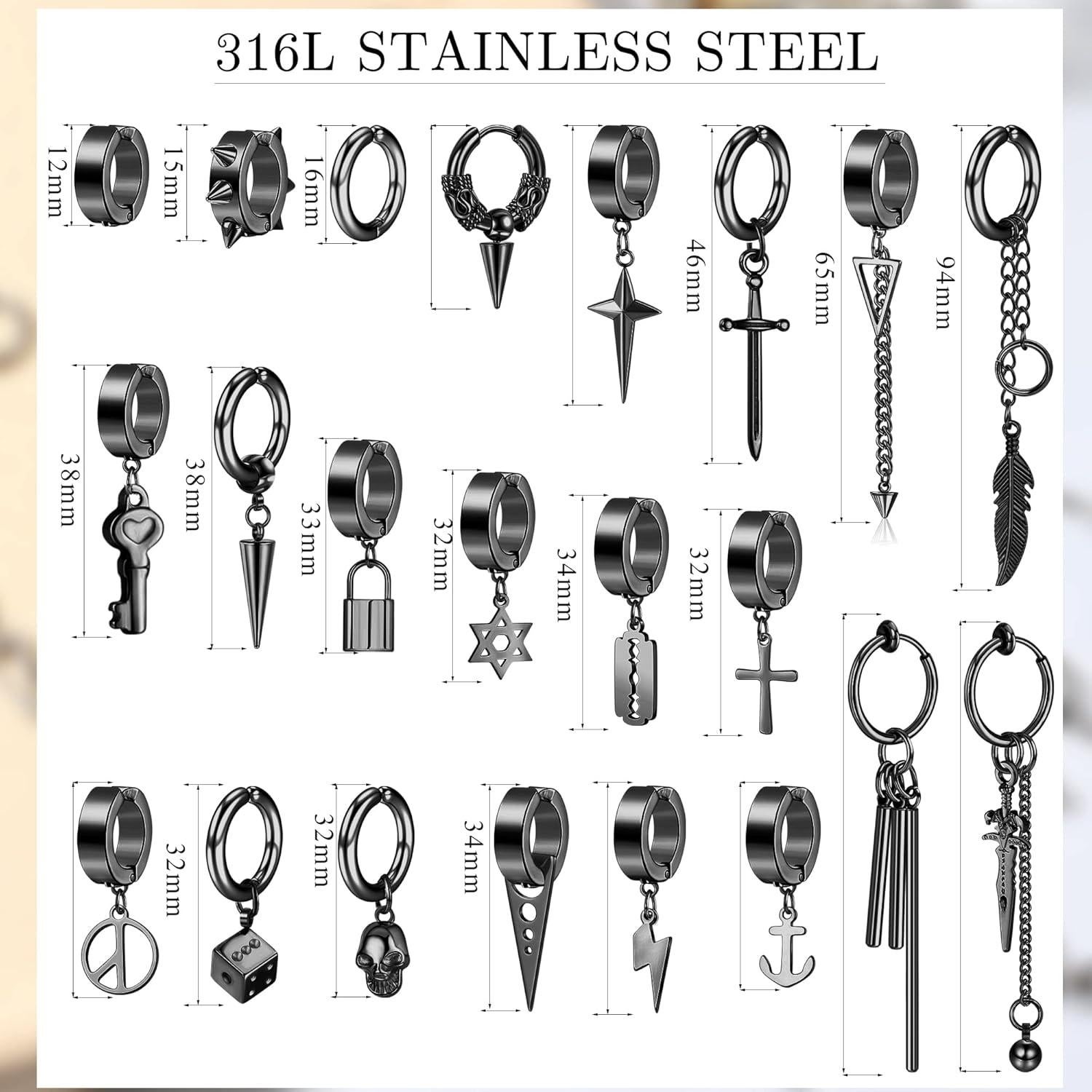 Pendientes Clip en Thunaraz 25 Pcs Acero Inoxidable Negro