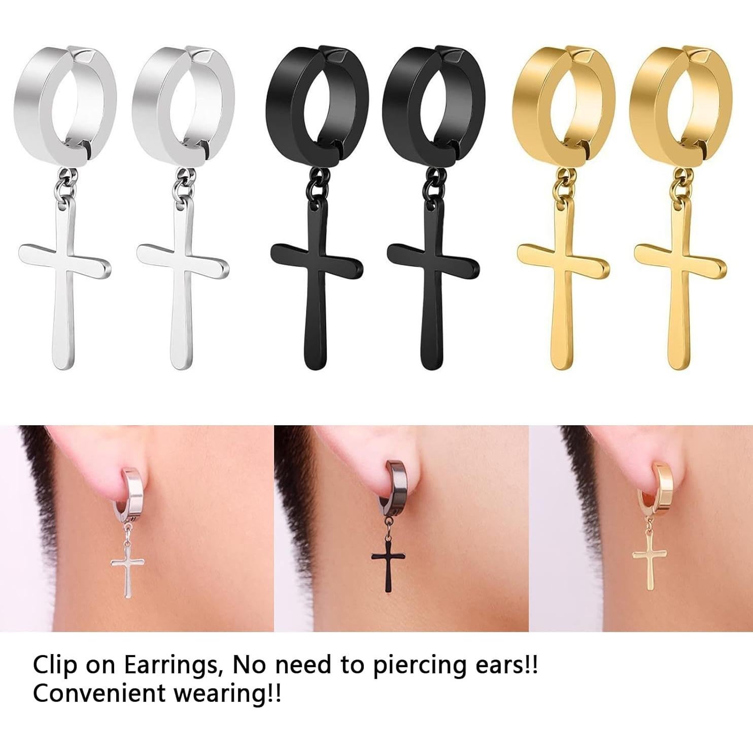Pendientes No Perforados CCBFY Aros de Acero Titanio Cruz