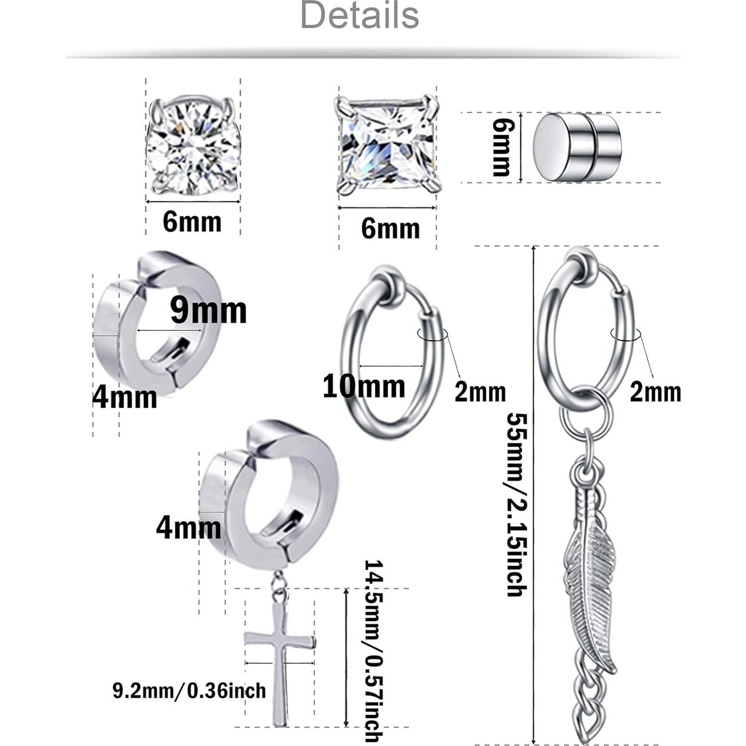 Conjunto 7 Pares Pendientes Magnéticos Acero Inoxidable Ofeiyaa