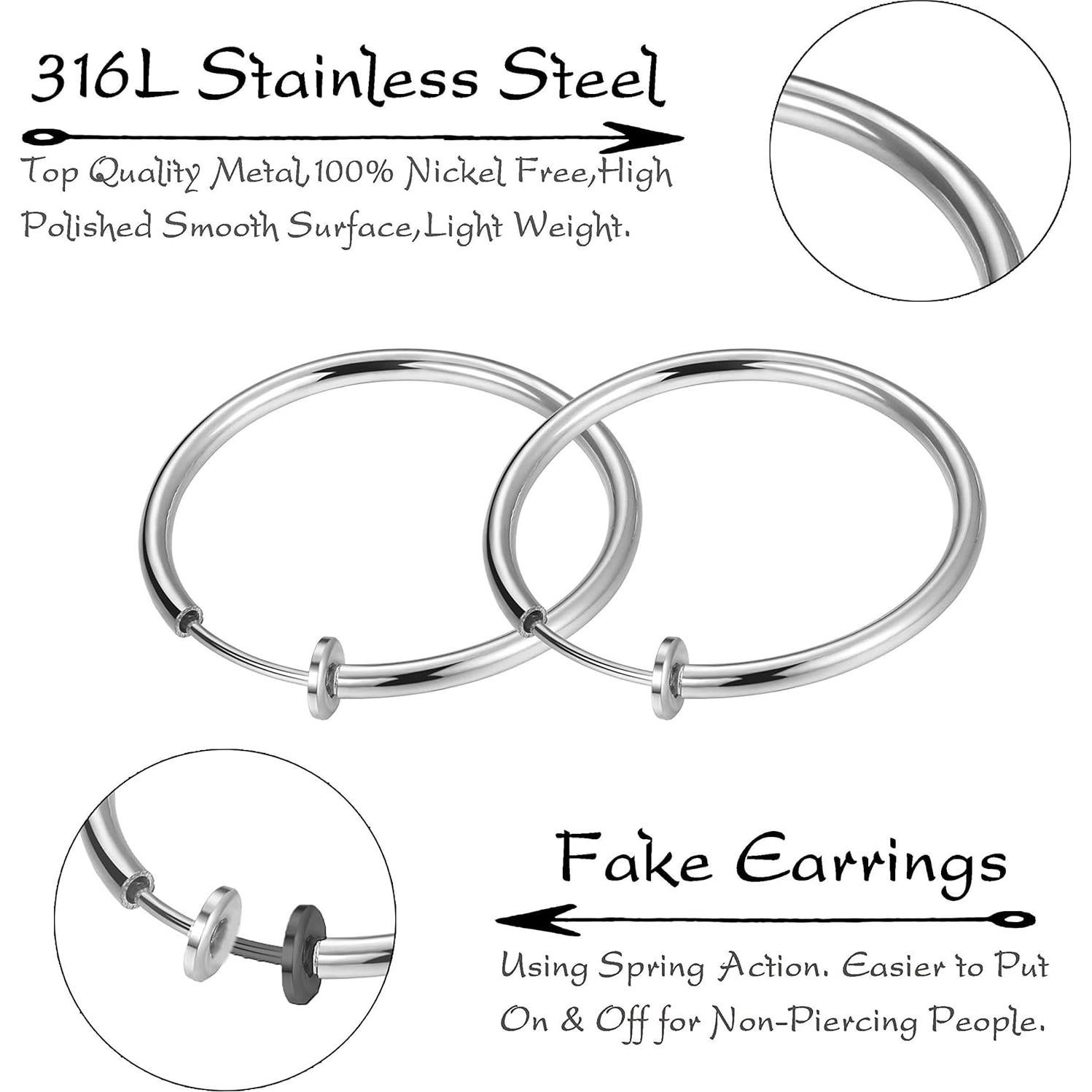 Juego de Aretes de Aro Clip On Acero Inoxidable 4 Pares