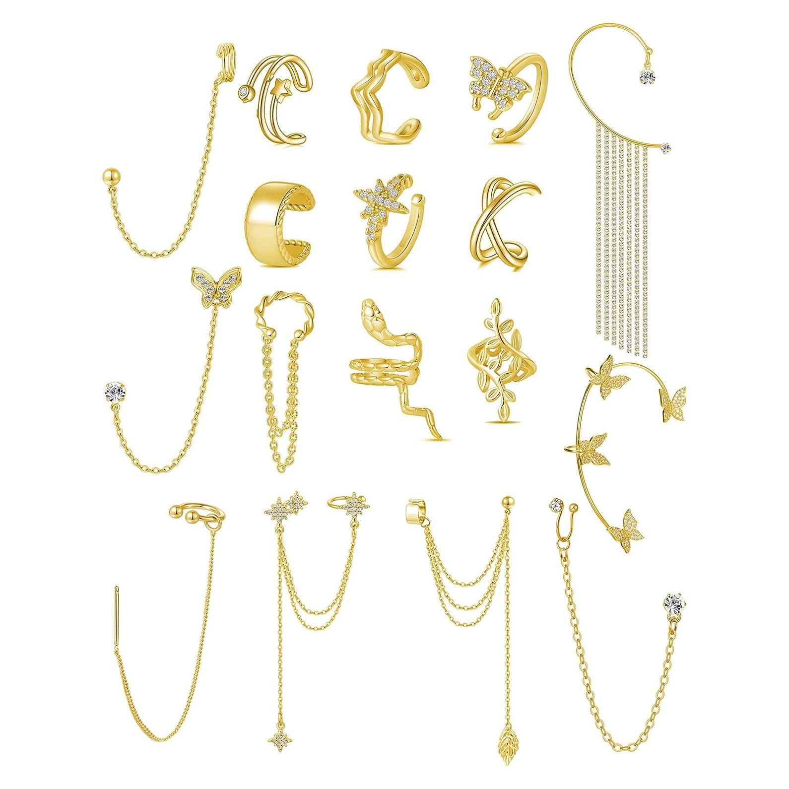 Aretes Cuff Tornito 17Pcs Cadena Serpiente Mariposa Hoja