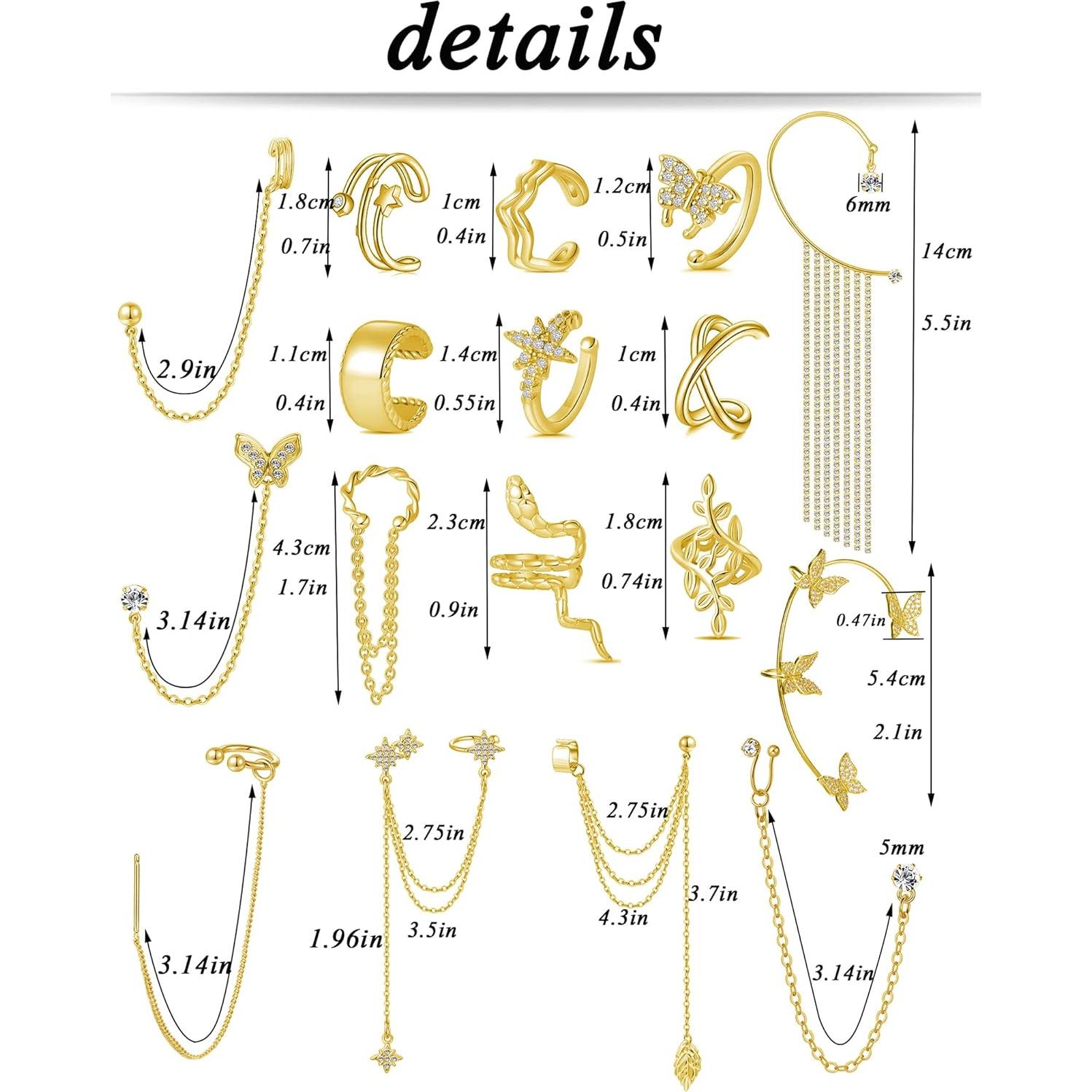 Aretes Cuff Tornito 17Pcs Cadena Serpiente Mariposa Hoja