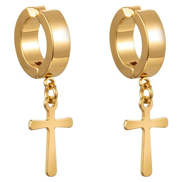 Pendientes de Clip Cruz de Oro y Plata para Adultos Unisex