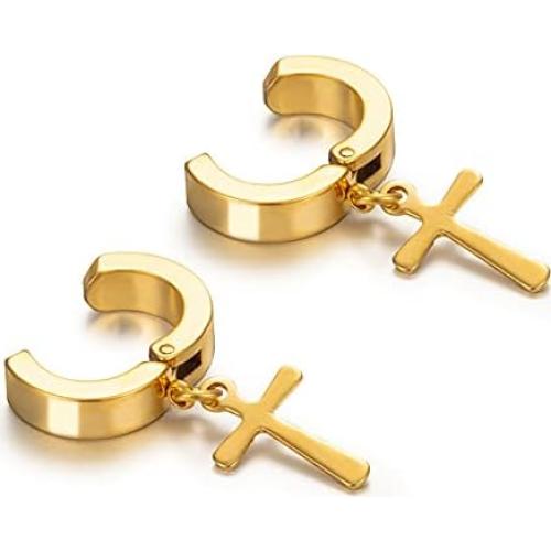 Pendientes de Clip Cruz de Oro y Plata para Adultos Unisex
