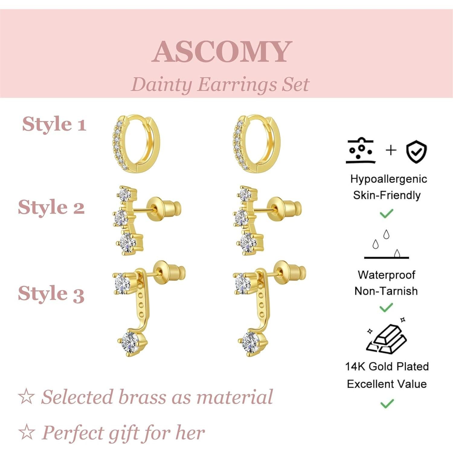 Conjunto de Pendientes de Aro Dorados ASCOMY - 3 Pares Huggie