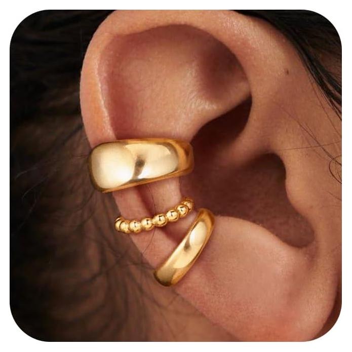 Set de 3 Aretes Cuff No Perforación Moodear - Baño Oro 14K