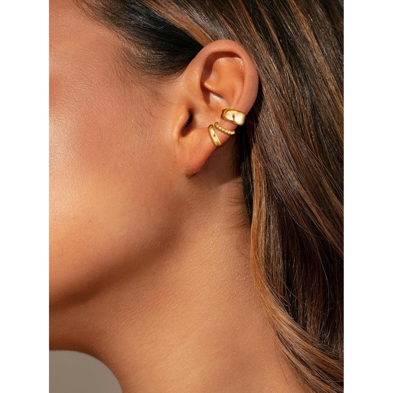 Set de 3 Aretes Cuff No Perforación Moodear - Baño Oro 14K
