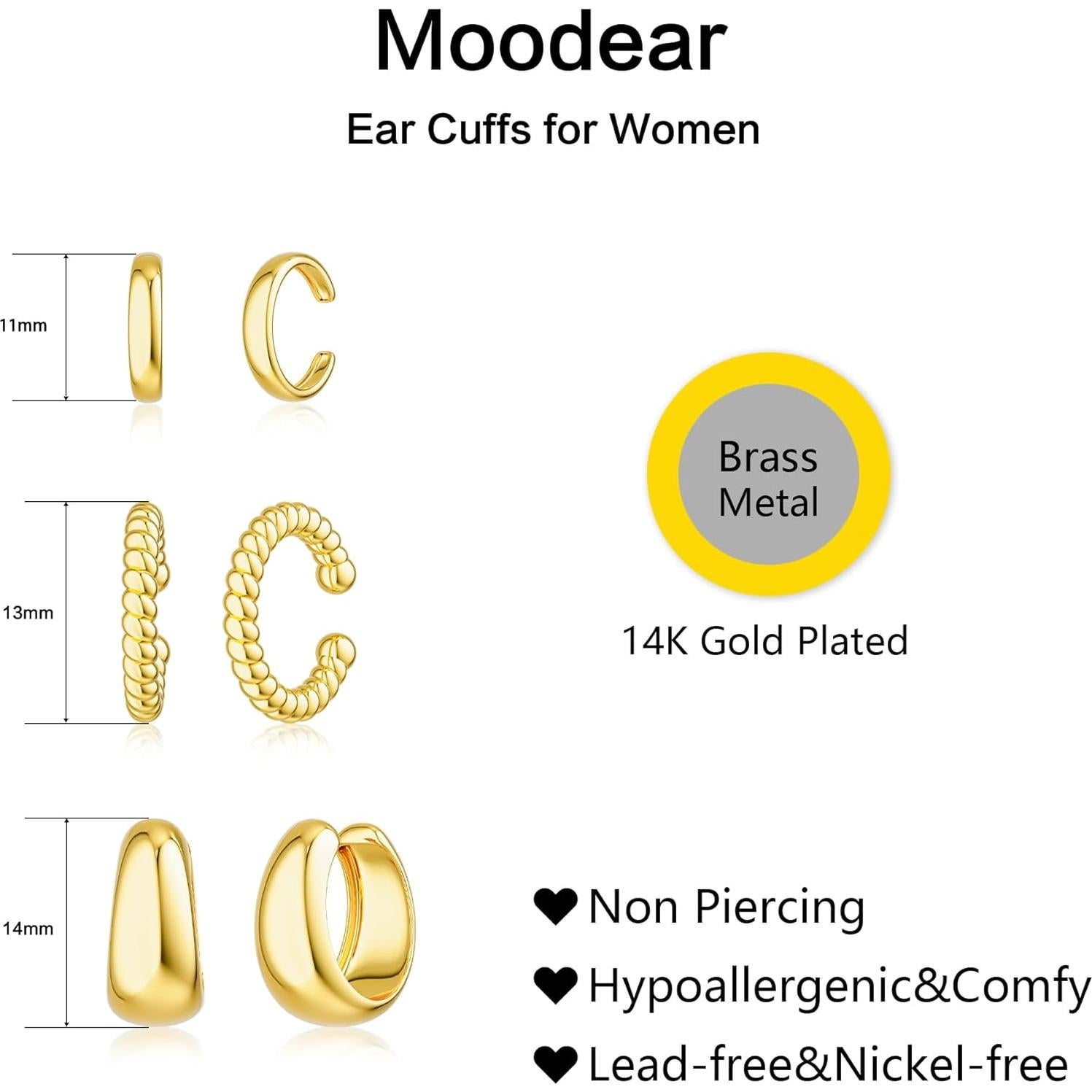Set de 3 Aretes Cuff No Perforación Moodear - Baño Oro 14K