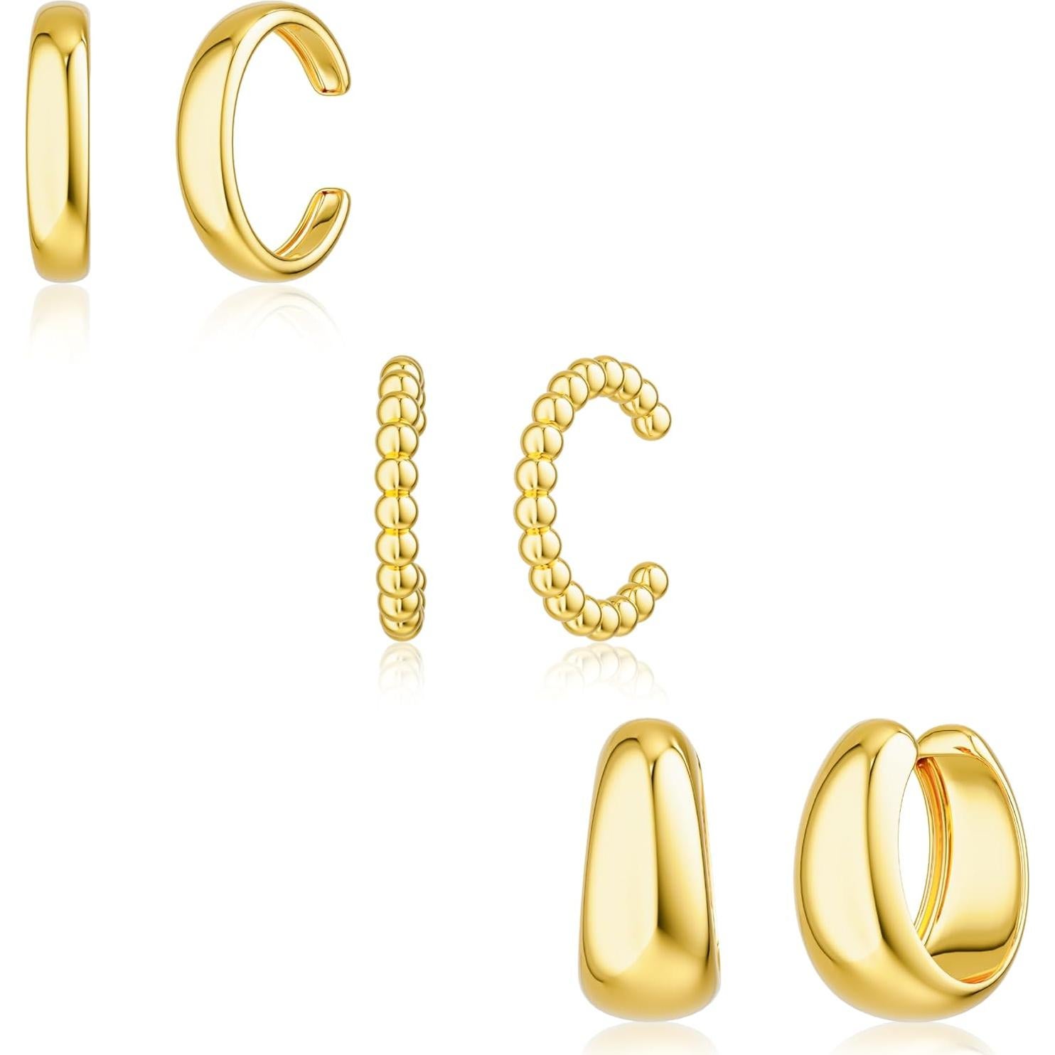 Set de 3 Aretes Cuff No Perforación Moodear - Baño Oro 14K