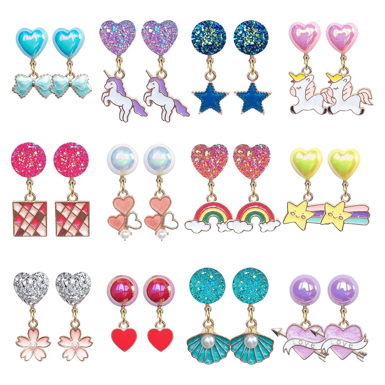 12 Pares Pendientes Clip On Joyería Unicornio Niñas 3+ Años